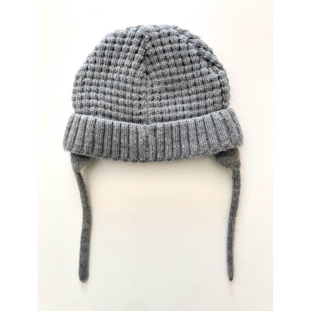 Zara grey knit beanie with fabric lining & ties 3-9M
